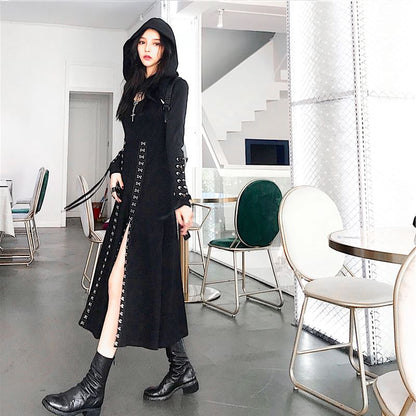 Hooded Hoop Accent Crop Top and Midi A-Line Dress Set with Slit