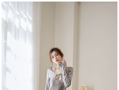 Long-Sleeve Sequin Cutout Tie Front Mini Bodycon Cocktail Dress