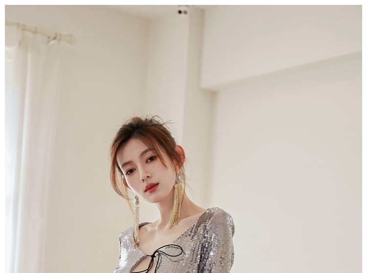 Long-Sleeve Sequin Cutout Tie Front Mini Bodycon Cocktail Dress