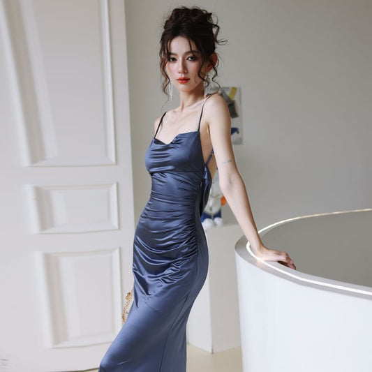 Spaghetti Strap Cowl Neck Plain Ruched Open Back Satin Bodycon Evening Gown
