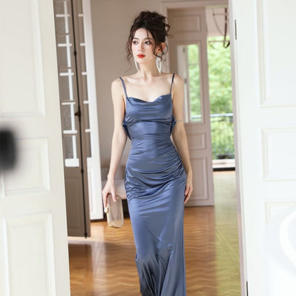 Cowl Bodycon Spaghetti Gown Ruched Strap Open Neck Satin Plain Back Evening