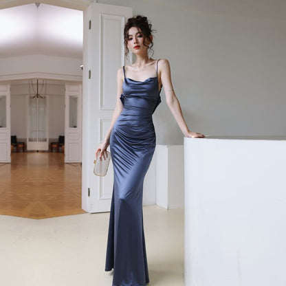 Cowl Bodycon Spaghetti Gown Ruched Strap Open Neck Satin Plain Back Evening