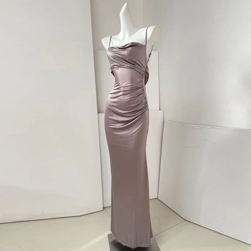 Spaghetti Strap Cowl Neck Plain Ruched Open Back Satin Bodycon Evening Gown