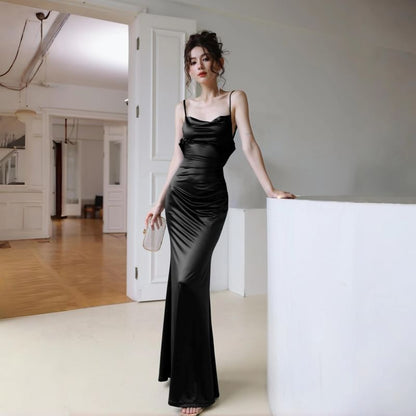 Spaghetti Strap Cowl Neck Plain Ruched Open Back Satin Bodycon Evening Gown