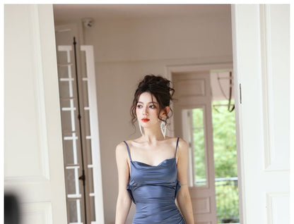 Spaghetti Strap Cowl Neck Plain Ruched Open Back Satin Bodycon Evening Gown