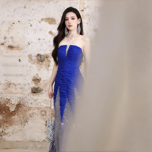 Strapless Sequin Panel Ruched Mermaid Evening Gown