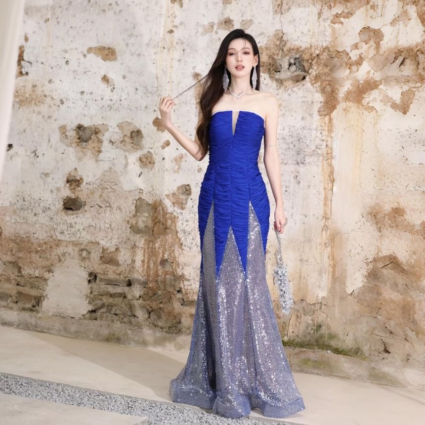 Strapless Sequin Panel Ruched Mermaid Evening Gown