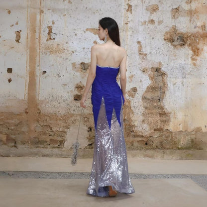 Strapless Sequin Panel Ruched Mermaid Evening Gown
