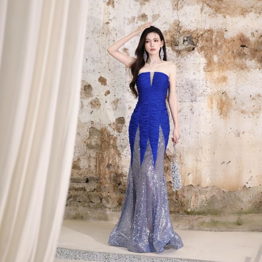 Strapless Sequin Panel Ruched Mermaid Evening Gown