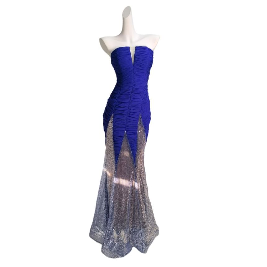 Strapless Sequin Panel Ruched Mermaid Evening Gown