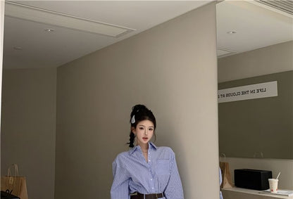 Long-Sleeve Henley Plaid Pocket Front Pleated Hem Mini Shirt Dress