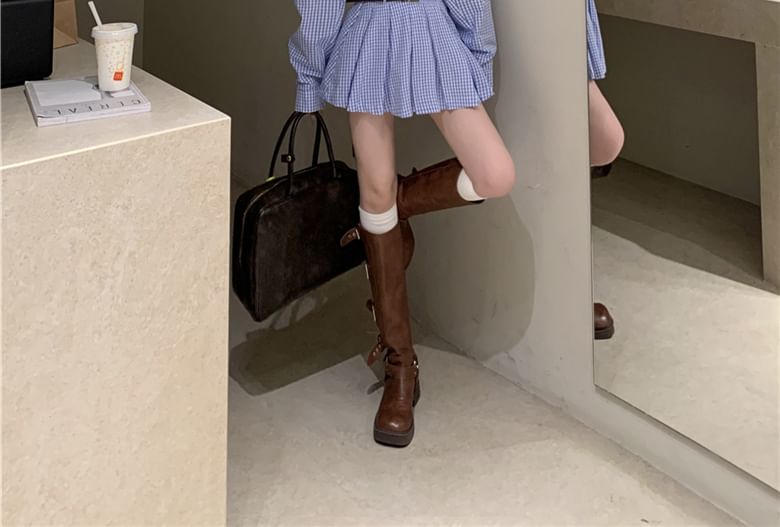 Long-Sleeve Henley Plaid Pocket Front Pleated Hem Mini Shirt Dress