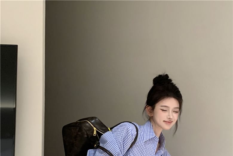 Long-Sleeve Henley Plaid Pocket Front Pleated Hem Mini Shirt Dress