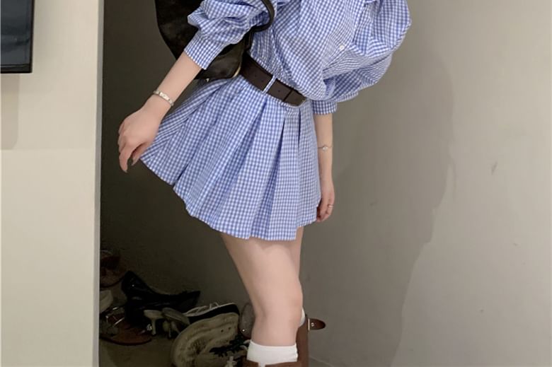 Long-Sleeve Henley Plaid Pocket Front Pleated Hem Mini Shirt Dress
