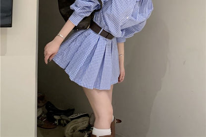 Long-Sleeve Henley Plaid Pocket Front Pleated Hem Mini Shirt Dress