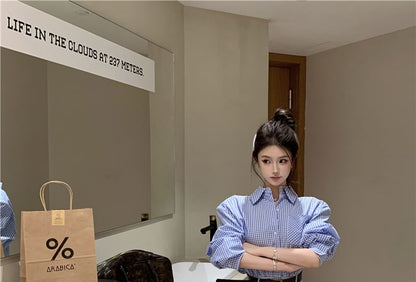 Long-Sleeve Henley Plaid Pocket Front Pleated Hem Mini Shirt Dress