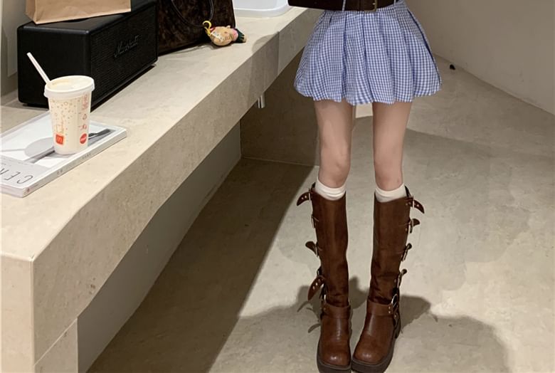 Long-Sleeve Henley Plaid Pocket Front Pleated Hem Mini Shirt Dress