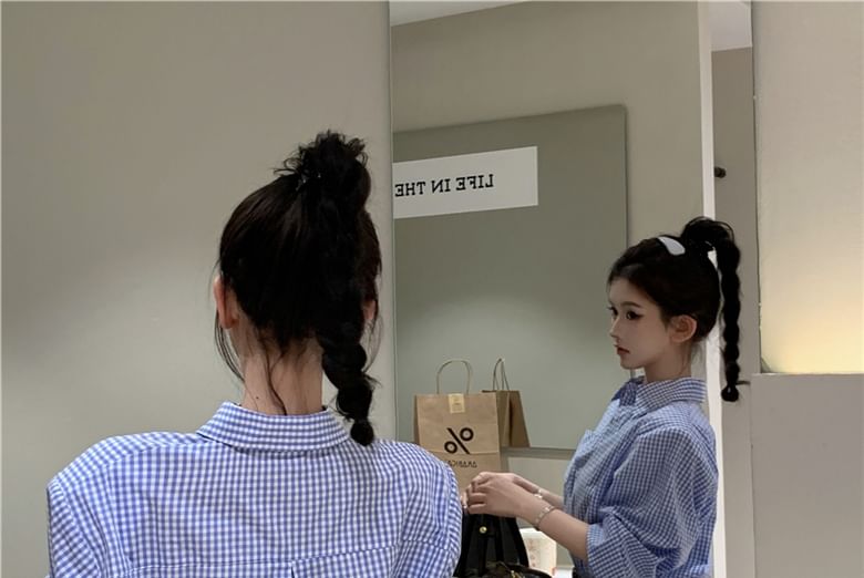 Long-Sleeve Henley Plaid Pocket Front Pleated Hem Mini Shirt Dress