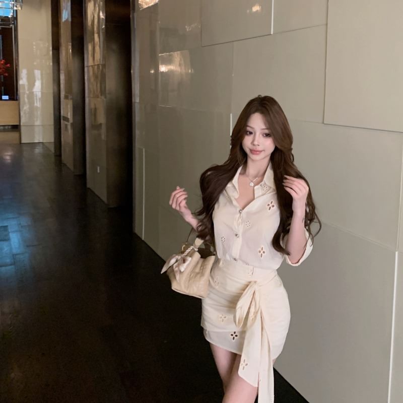 Long-Sleeve Flower Embroidered Shirt / High Rise Ruched Bow Mini Pencil Skirt
