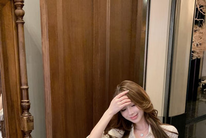 Long-Sleeve Flower Embroidered Shirt / High Rise Ruched Bow Mini Pencil Skirt