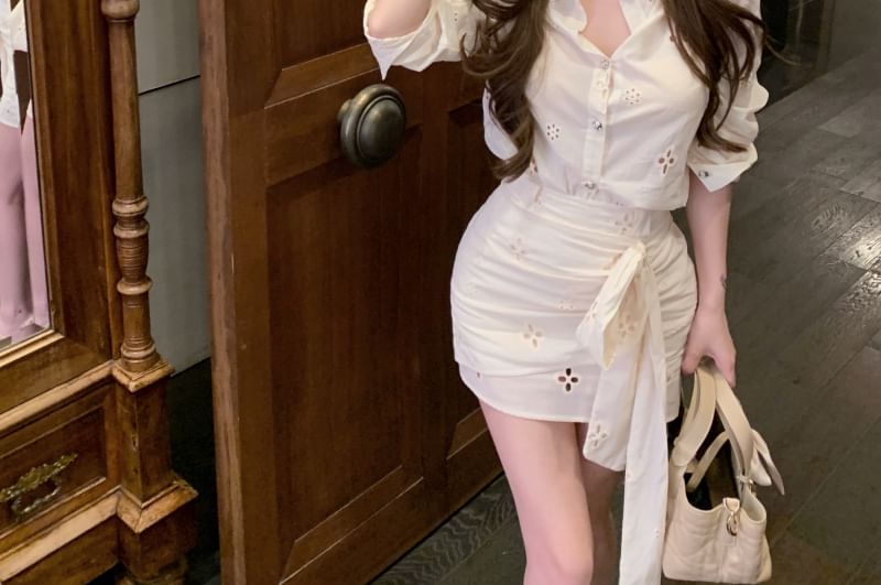 Long-Sleeve Flower Embroidered Shirt / High Rise Ruched Bow Mini Pencil Skirt