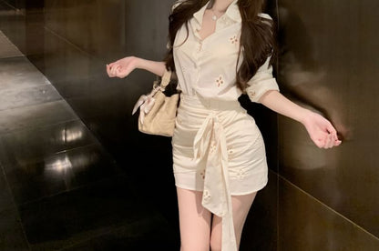 Long-Sleeve Flower Embroidered Shirt / High Rise Ruched Bow Mini Pencil Skirt