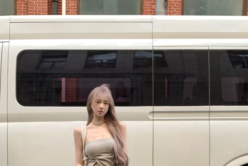 Strapless Plain Drawstring Side-Slit Asymmetrical Top / High Waist Flared Pants