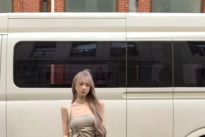 Strapless Plain Drawstring Side-Slit Asymmetrical Top / High Waist Flared Pants