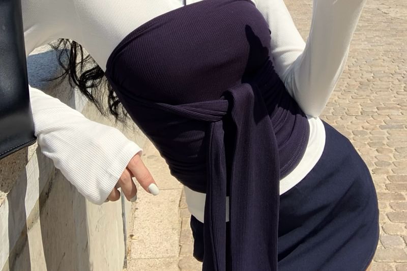 Long-Sleeve Collar Plain Contrast Trim Tee / Tie-Front Tube Top / High Waist Mini Pencil Skirt