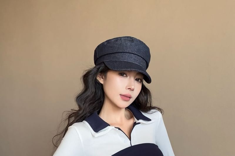 Long-Sleeve Collar Plain Contrast Trim Tee / Tie-Front Tube Top / High Waist Mini Pencil Skirt