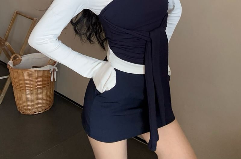 Long-Sleeve Collar Plain Contrast Trim Tee / Tie-Front Tube Top / High Waist Mini Pencil Skirt