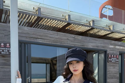 Long-Sleeve Collar Plain Contrast Trim Tee / Tie-Front Tube Top / High Waist Mini Pencil Skirt