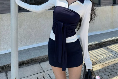 Long-Sleeve Collar Plain Contrast Trim Tee / Tie-Front Tube Top / High Waist Mini Pencil Skirt