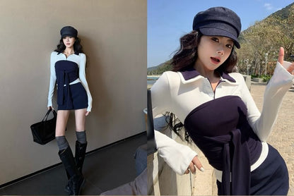 Long-Sleeve Collar Plain Contrast Trim Tee / Tie-Front Tube Top / High Waist Mini Pencil Skirt