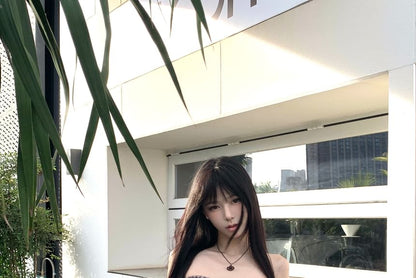 Plaid Ruched Sheer Tube Top / High Rise Bow Mini A-Line Skirt