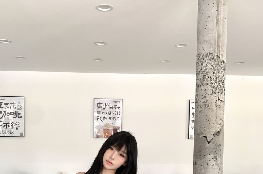 Plaid Ruched Sheer Tube Top / High Rise Bow Mini A-Line Skirt