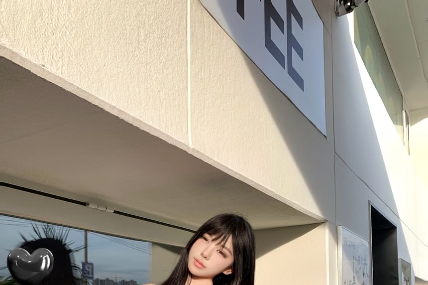 Plaid Ruched Sheer Tube Top / High Rise Bow Mini A-Line Skirt