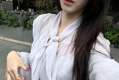 Puff-Sleeve Tie-Neck Plain Blouse / Cami Top / High Rise Mini A-Line Skirt / Set