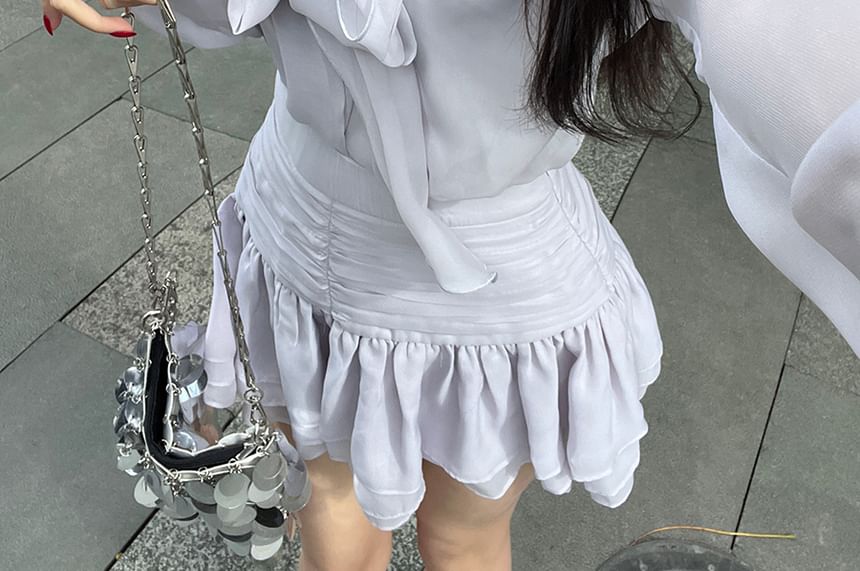 Puff-Sleeve Tie-Neck Plain Blouse / Cami Top / High Rise Mini A-Line Skirt / Set