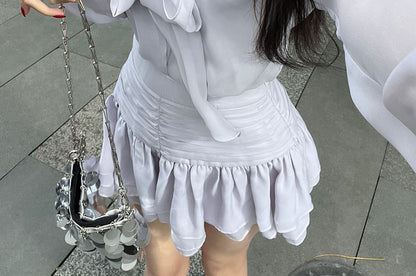 Puff-Sleeve Tie-Neck Plain Blouse / Cami Top / High Rise Mini A-Line Skirt / Set