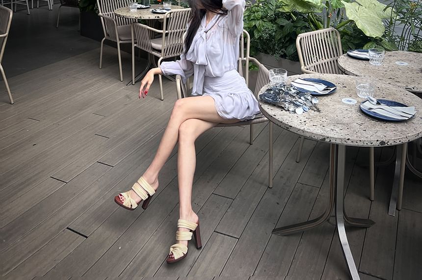 Puff-Sleeve Tie-Neck Plain Blouse / Cami Top / High Rise Mini A-Line Skirt / Set