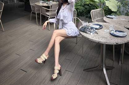 Puff-Sleeve Tie-Neck Plain Blouse / Cami Top / High Rise Mini A-Line Skirt / Set