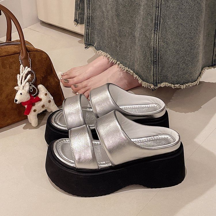 Platform Faux Slide Leather Sandals