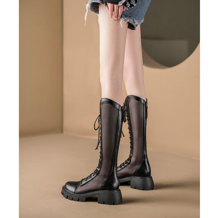 Platform Boots Panel Lace-Up Tall Mesh