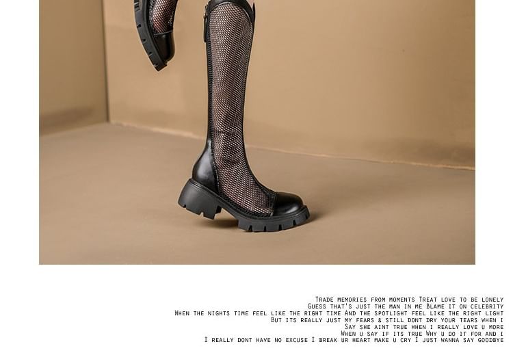 Mesh Panel Platform Boots Tall Zip-Up