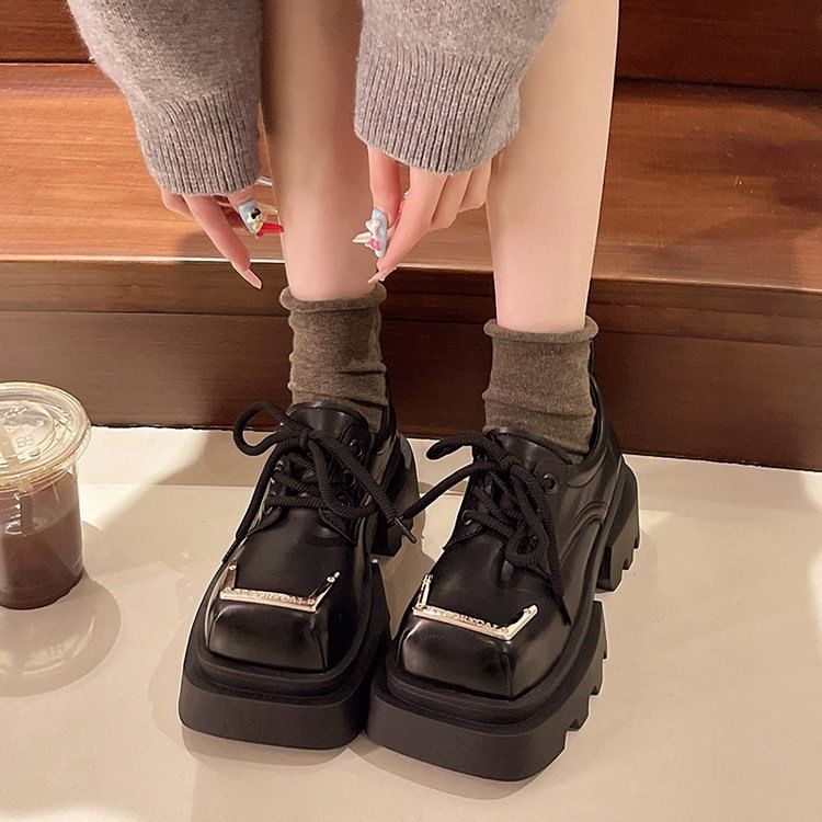 Toe Lace-Up Leather Square Accent Shoes Platform Faux Metal