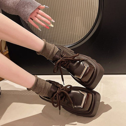 Toe Lace-Up Leather Square Accent Shoes Platform Faux Metal