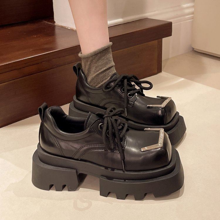 Toe Lace-Up Leather Square Accent Shoes Platform Faux Metal
