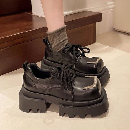Toe Lace-Up Leather Square Accent Shoes Platform Faux Metal