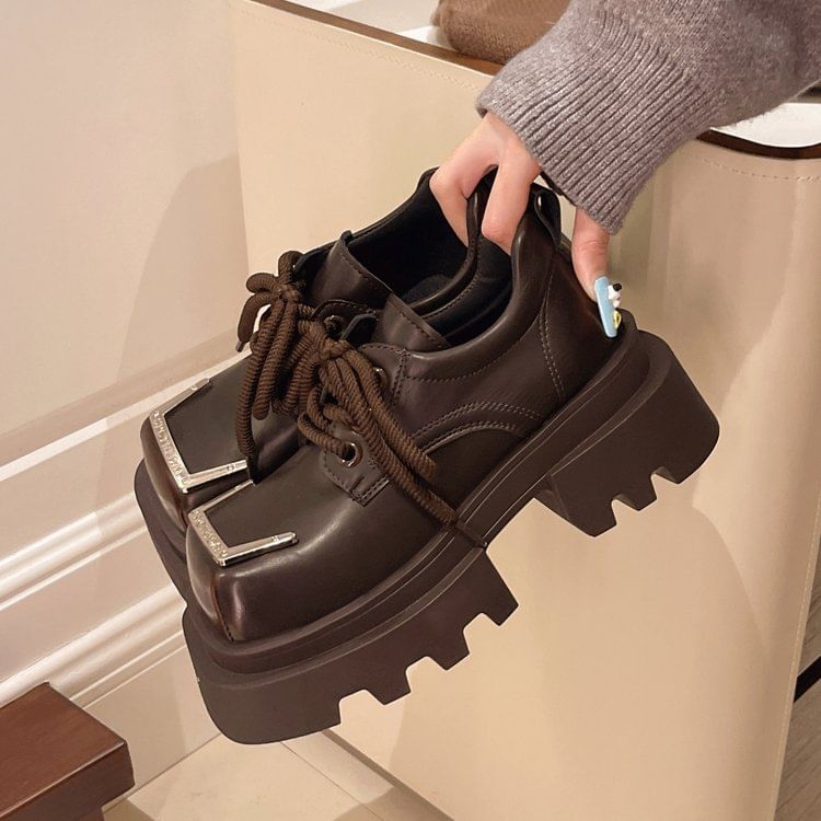 Toe Lace-Up Leather Square Accent Shoes Platform Faux Metal